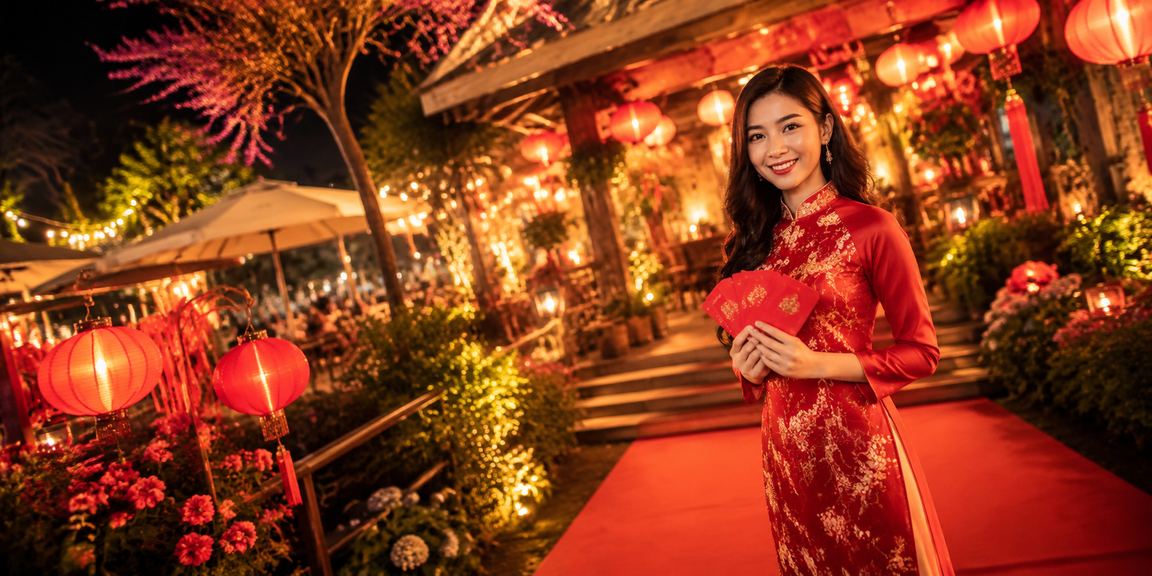 Phong cảnh Đà Lạt với phong bao lì xì đỏ và cà phê Việt Nam
